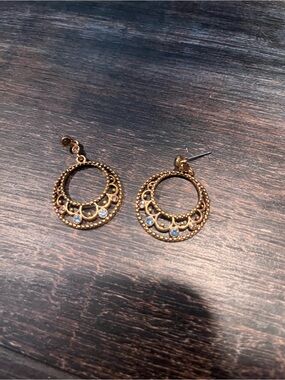 Gold-Tone Filigree Hoop Earrings with Crystal Accents